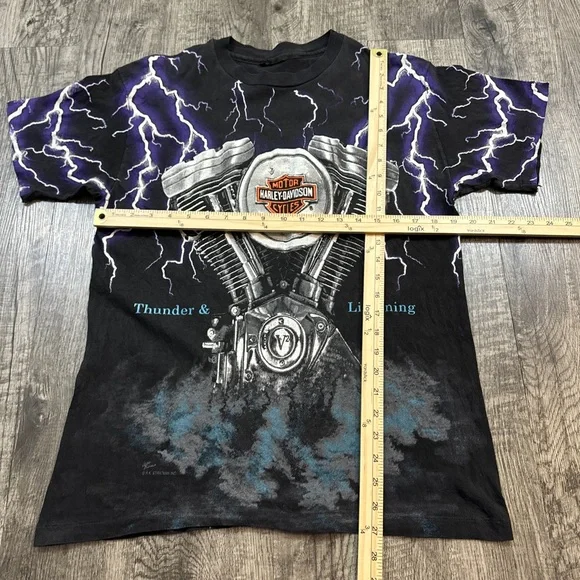 Vintage 90s Harley Davidson Thunder & Lightning AOP Tee Biker Motorcycle T Shirt - Picture 3 of 6